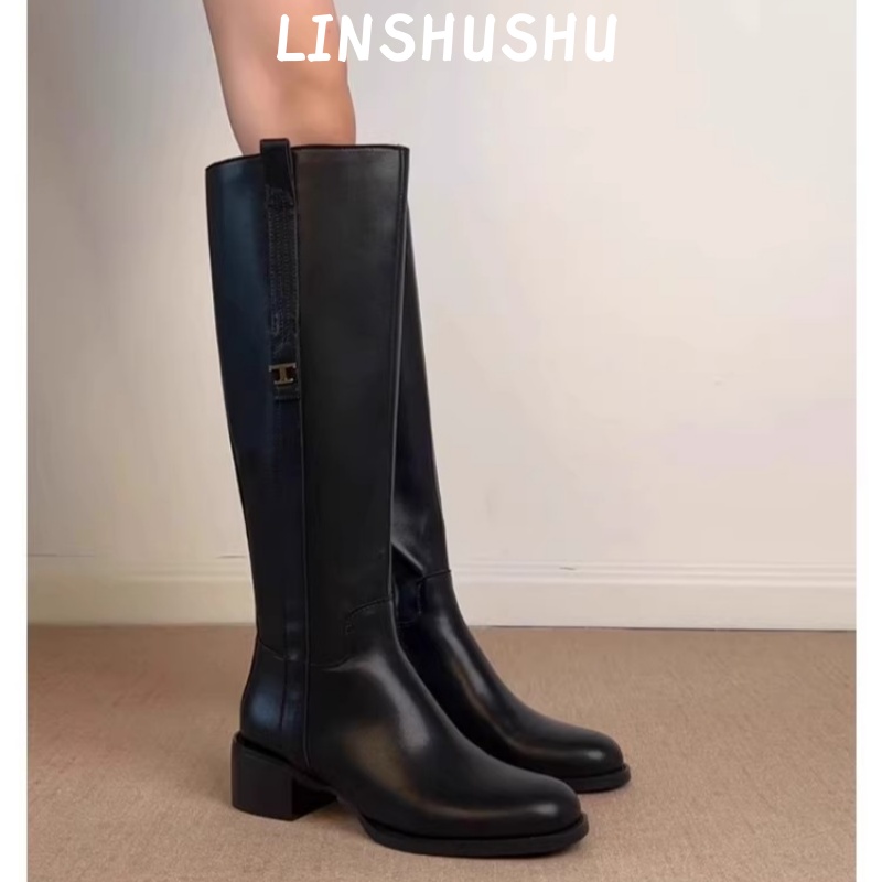 牛皮版~长筒靴女2025新款圆头宽筒百搭显瘦侧拉链粗跟高筒骑士靴