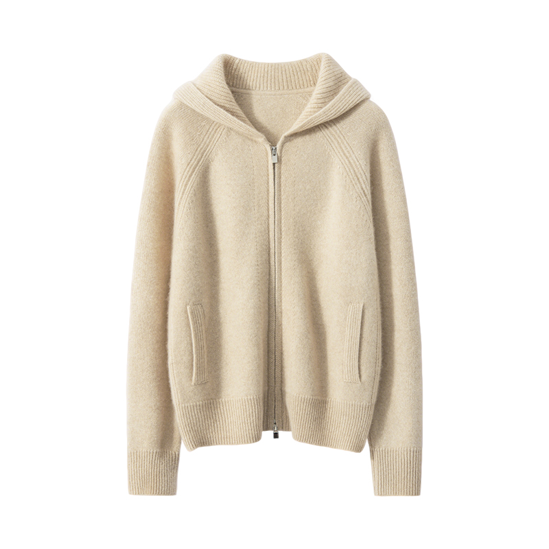 A纯山羊绒连帽衫针织开衫秋冬双拉链加厚外套百搭毛衣保暖上衣