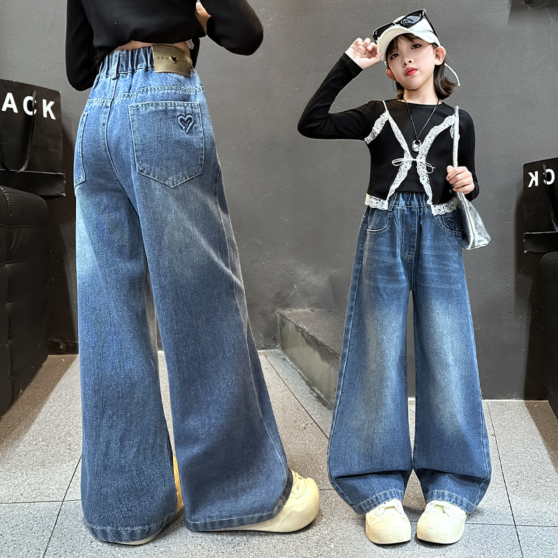 女童牛仔裤春秋款2025新款儿童秋装阔腿裤中大童秋季休闲长裤