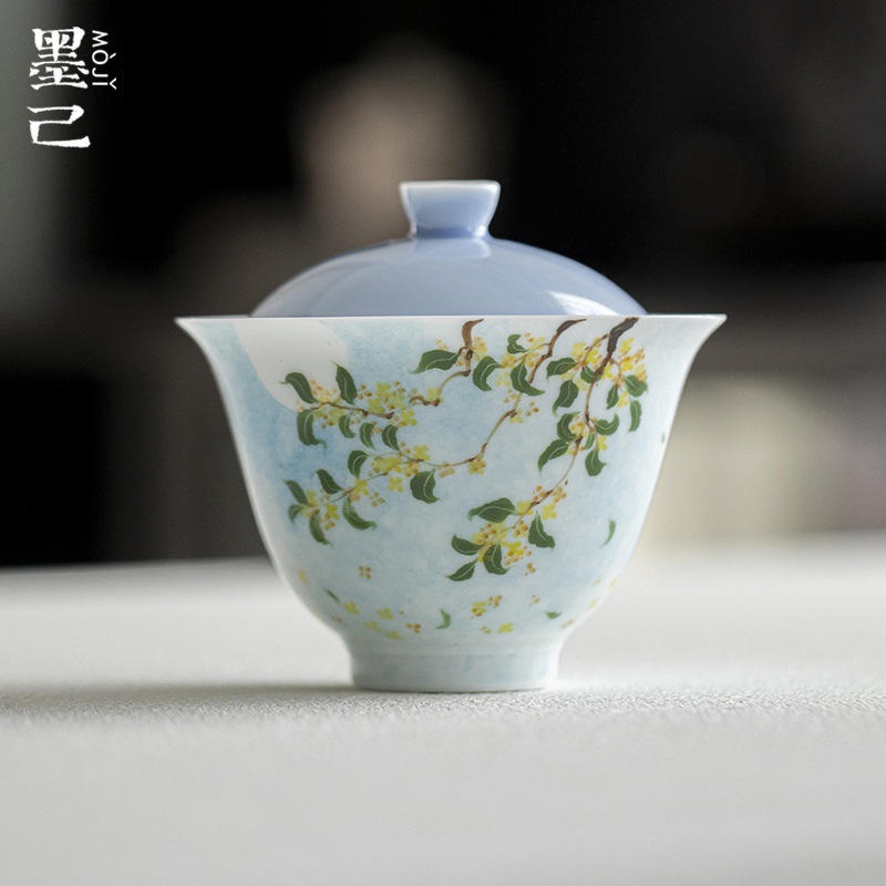 当代 墨己晴山蓝手绘桂影弄月陶瓷盖碗功夫茶具家用仿烫泡茶碗hH