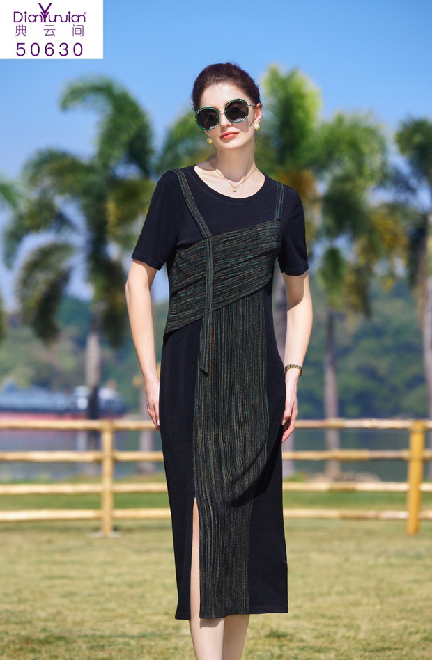 50630夏季新款法式高级气质轻奢显瘦黑金礼服连衣裙