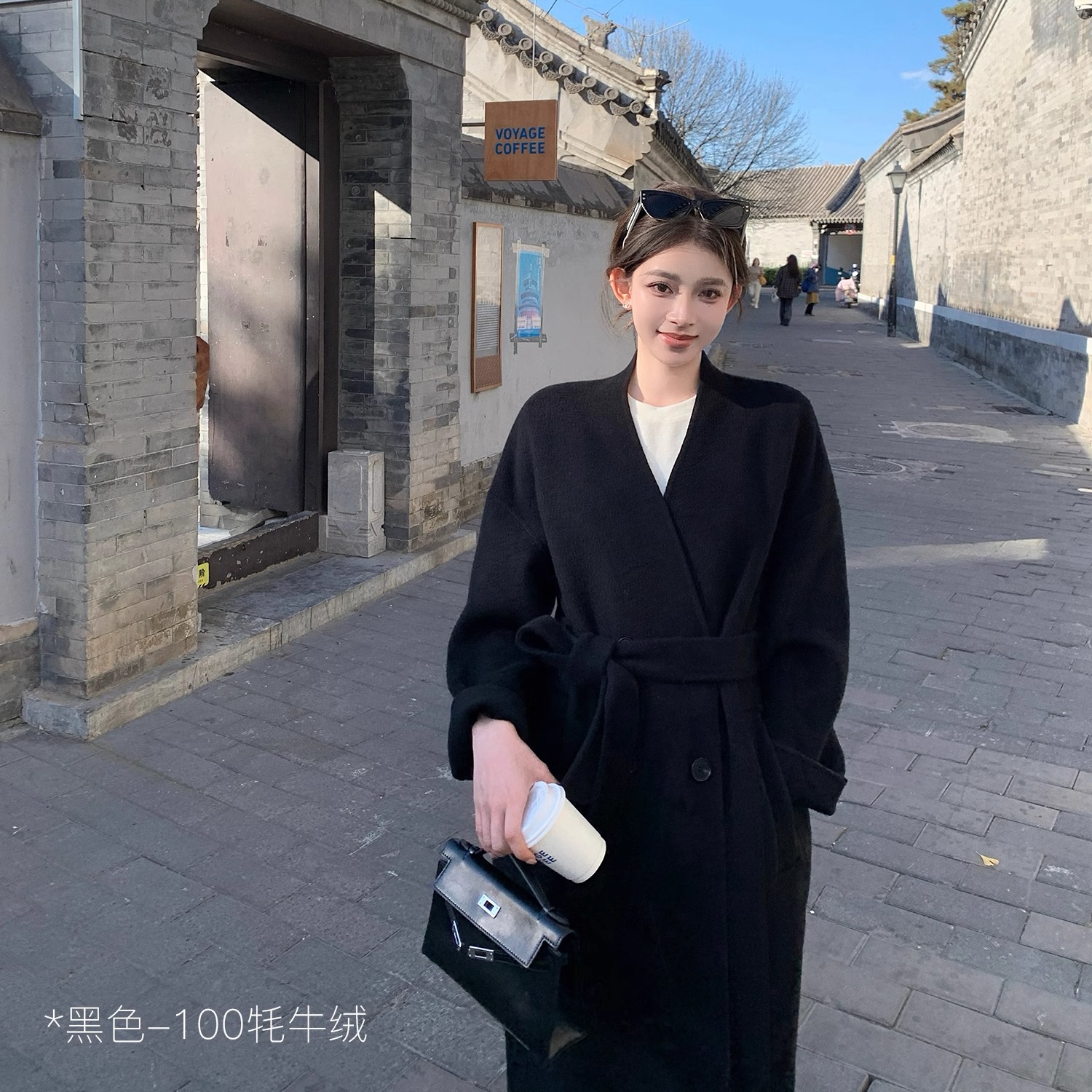 黑标都市浴袍大衣嵿奢全牦牛绒V领双面呢外套