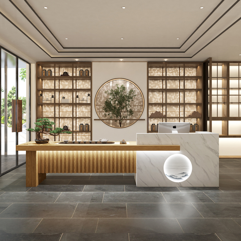 新中式收银台茶楼吧台收银台茶吧一体台接待台足浴店养生会所前台
