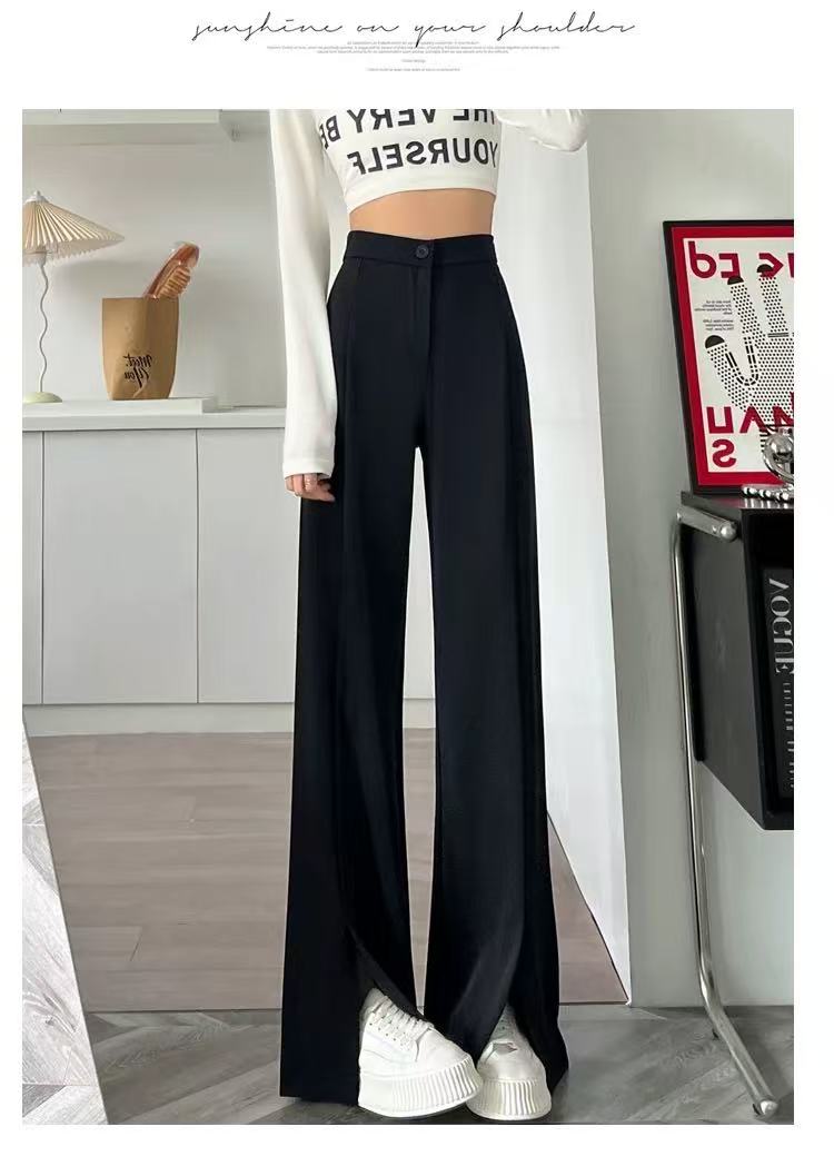 开叉微喇叭裤子女夏薄款高腰显瘦黑色垂感弹力西装长裤a7-10