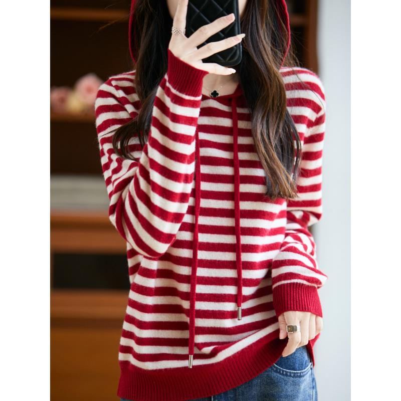 100%纯羊毛条纹女士连帽羊毛卫衣上衣D456