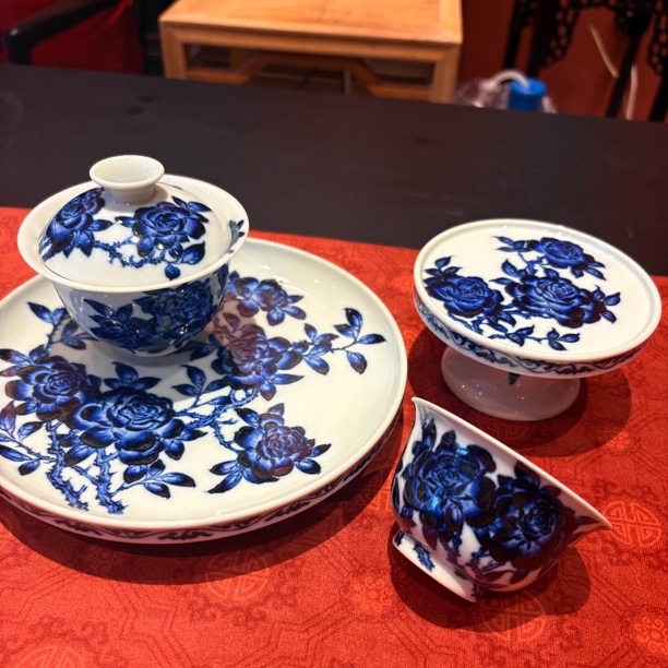 雨卉窑 纯青花玫瑰四件套盖碗杯子壶承盖置高端茶具精美礼盒