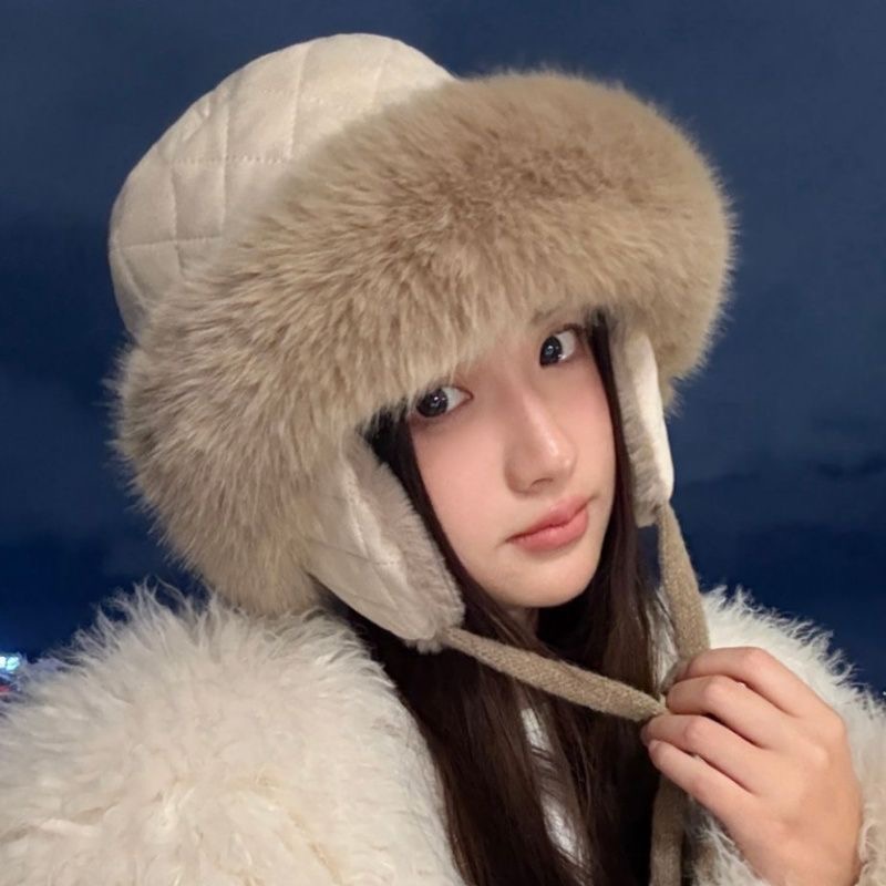 大头围毛绒护耳渔夫帽女秋冬季盆帽加绒加厚保暖户外骑车防风帽子