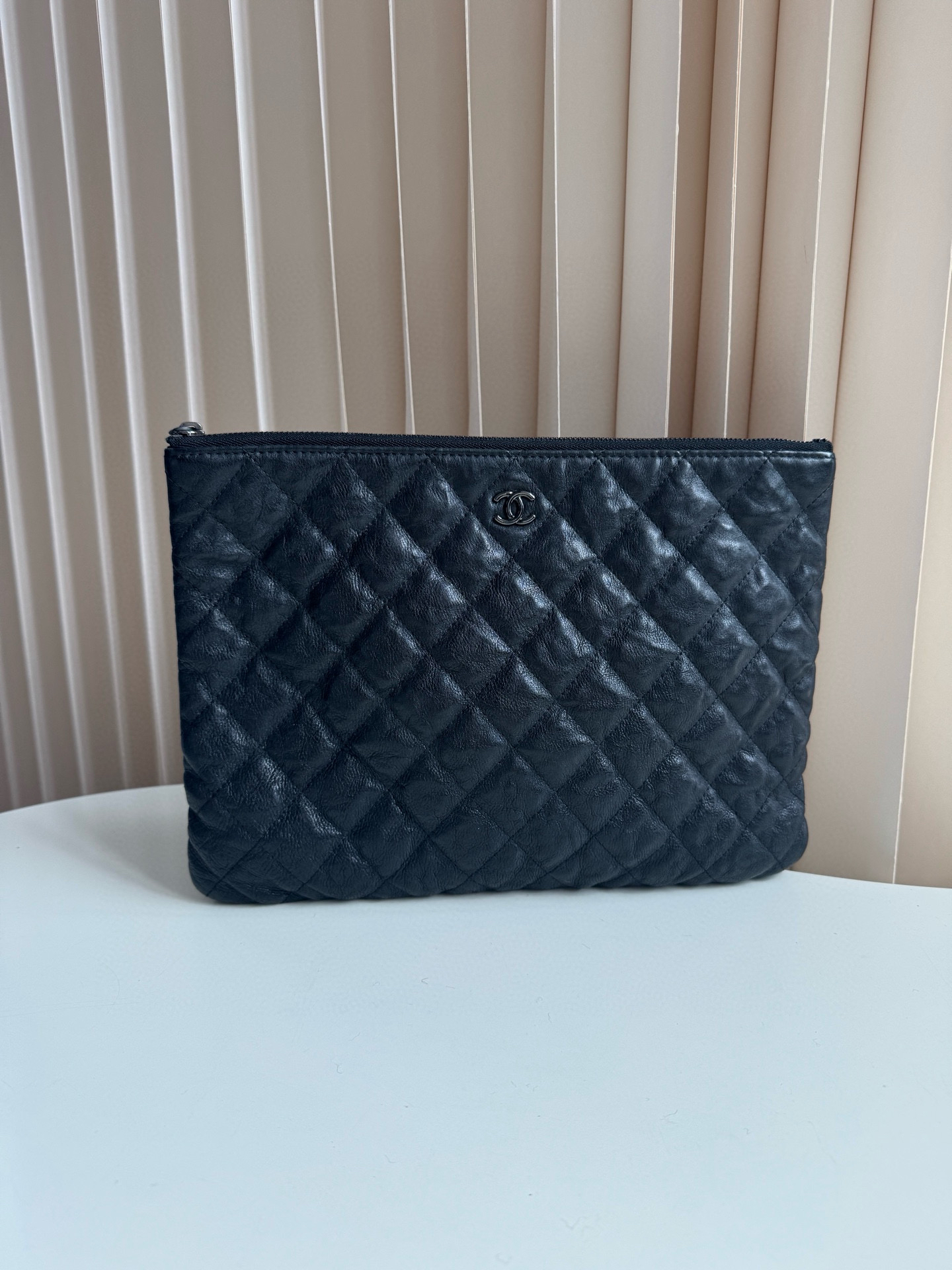 95新 Chanel/香奈儿 Chanel 黑银手拿菱格leboy牛皮 23开