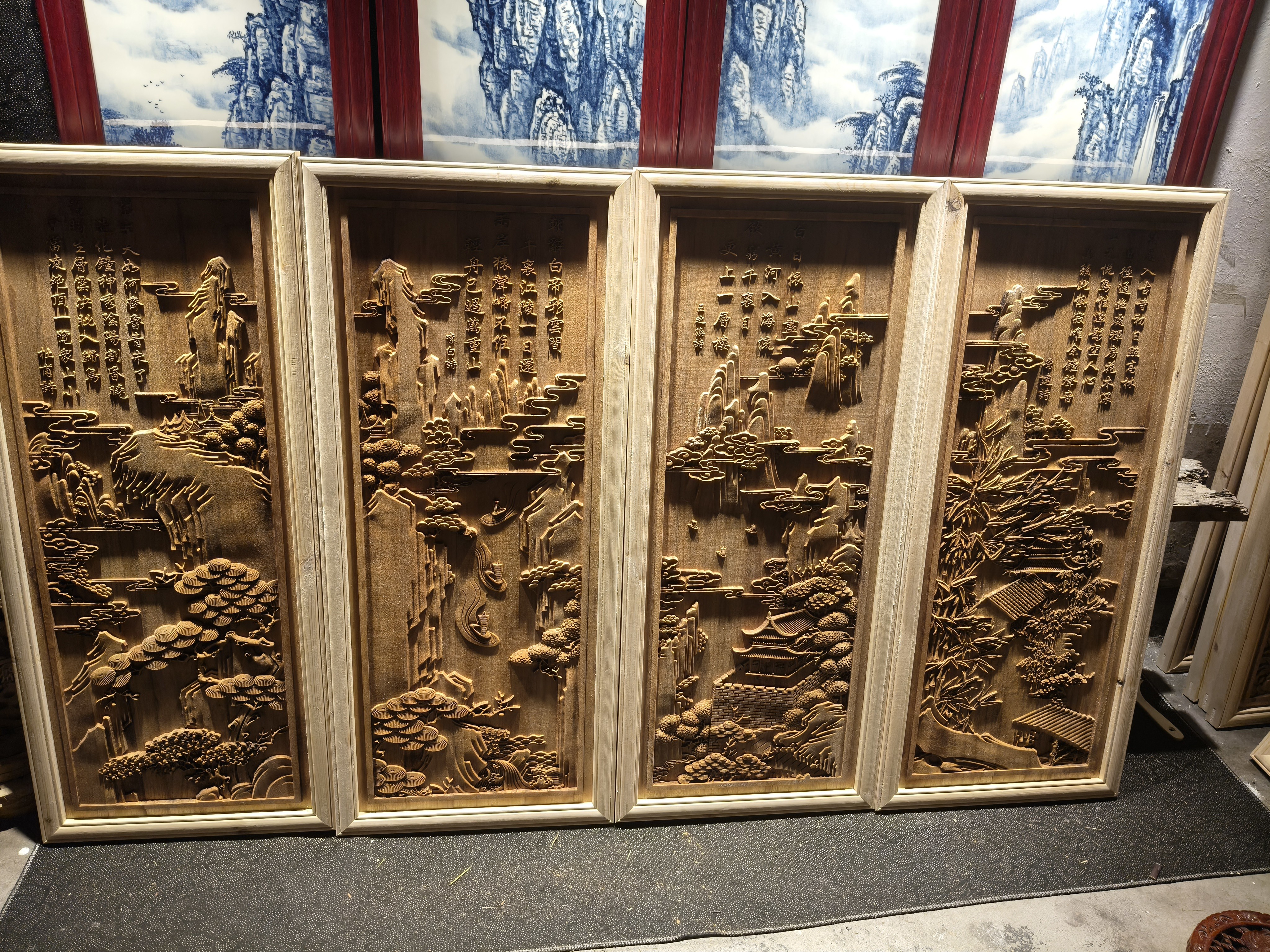 东阳木雕《唐诗山水画》挂屏高度1米宽度1米72