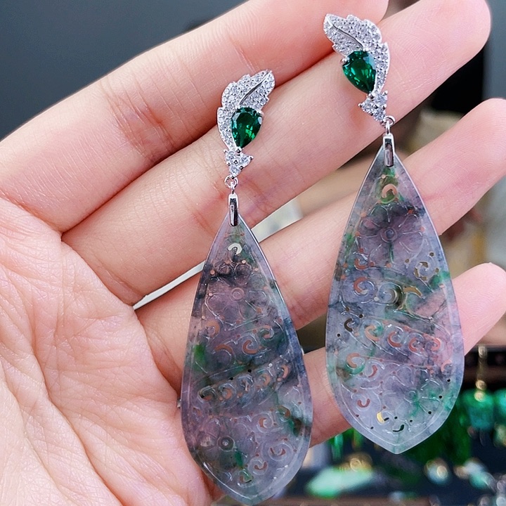 翡翠耳饰银S925镶嵌饰品