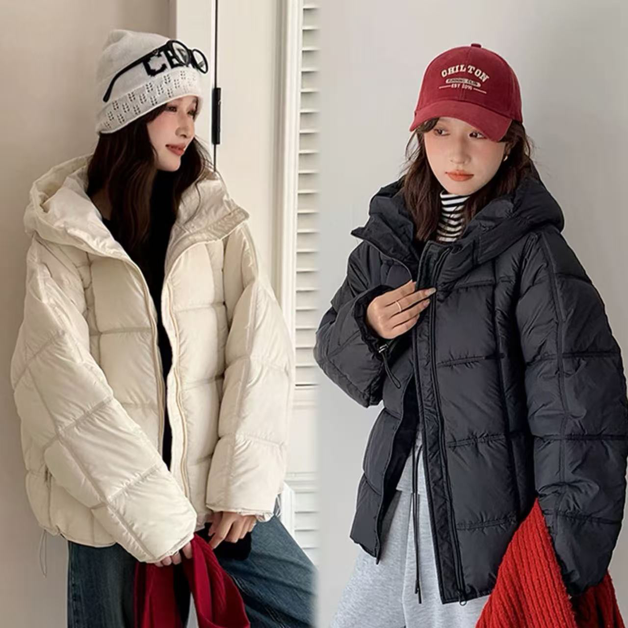 大码冬季厚款连帽拼接常规款加厚时尚宽松韩版棉服6119