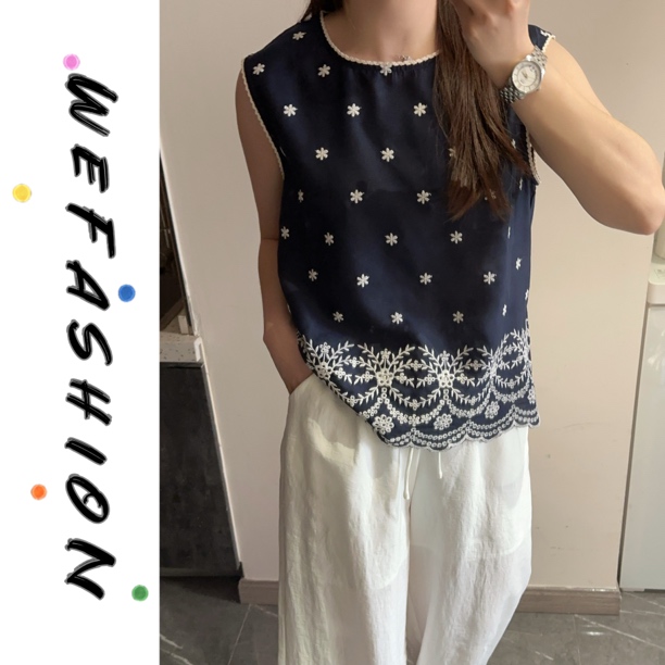 【WE】圆领刺绣小花无袖波浪边百搭背心上衣