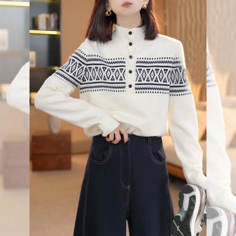 秋冬新款韩系洋气内搭上衣女士费尔岛提花刺绣半高领长袖针织衫女