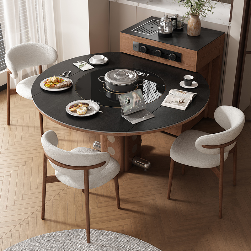 易可【中古风】岛台餐桌一体家用可分离式多功能圆桌移动倒台岩板