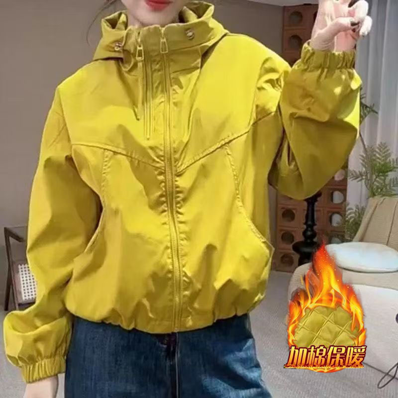 加棉加厚小个子双拉链冲锋衣外套女秋季短款2025新款时尚夹克上衣