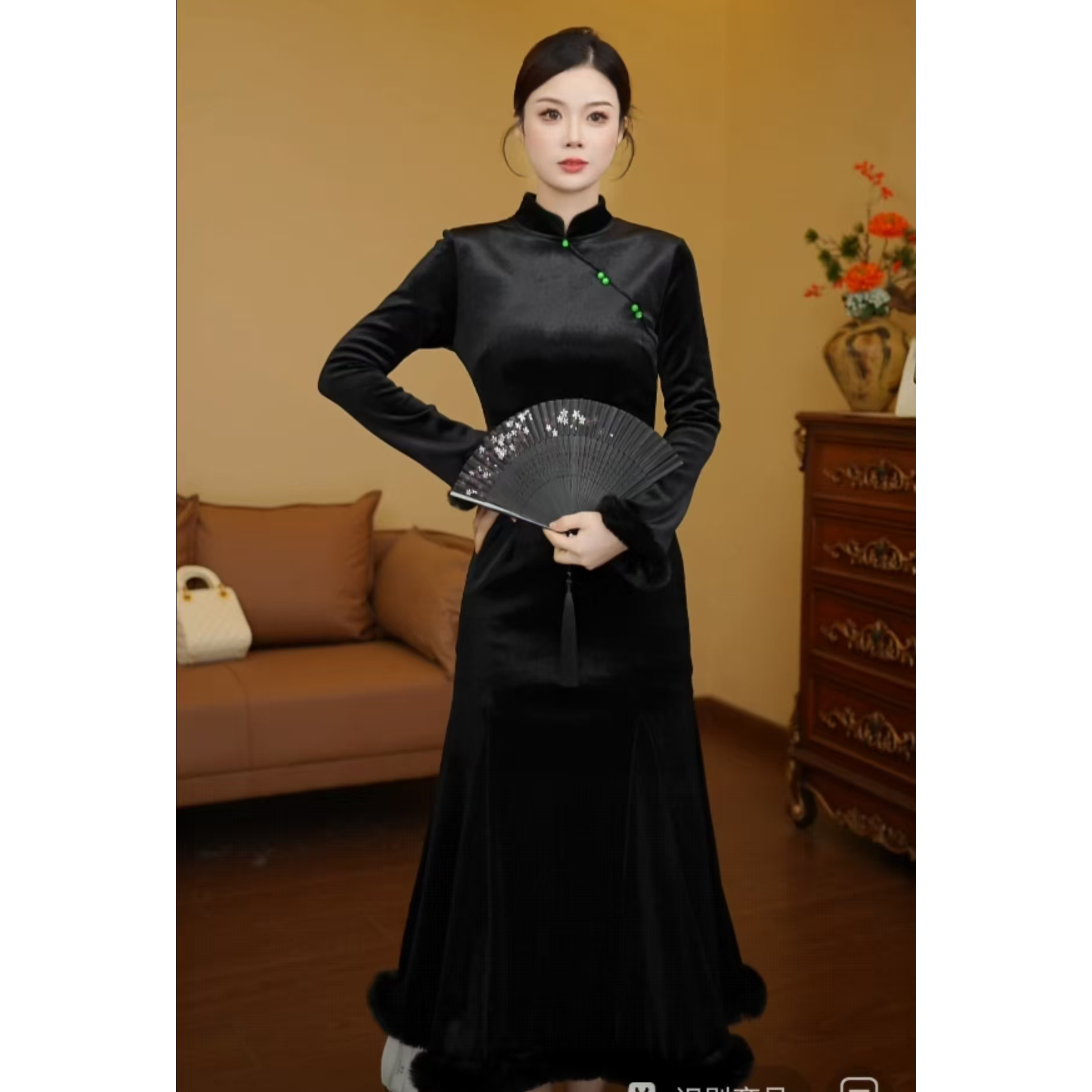 【利姐专属】【加绒加厚】时尚优雅鱼尾步步生莲新式旗袍连衣裙TX0273