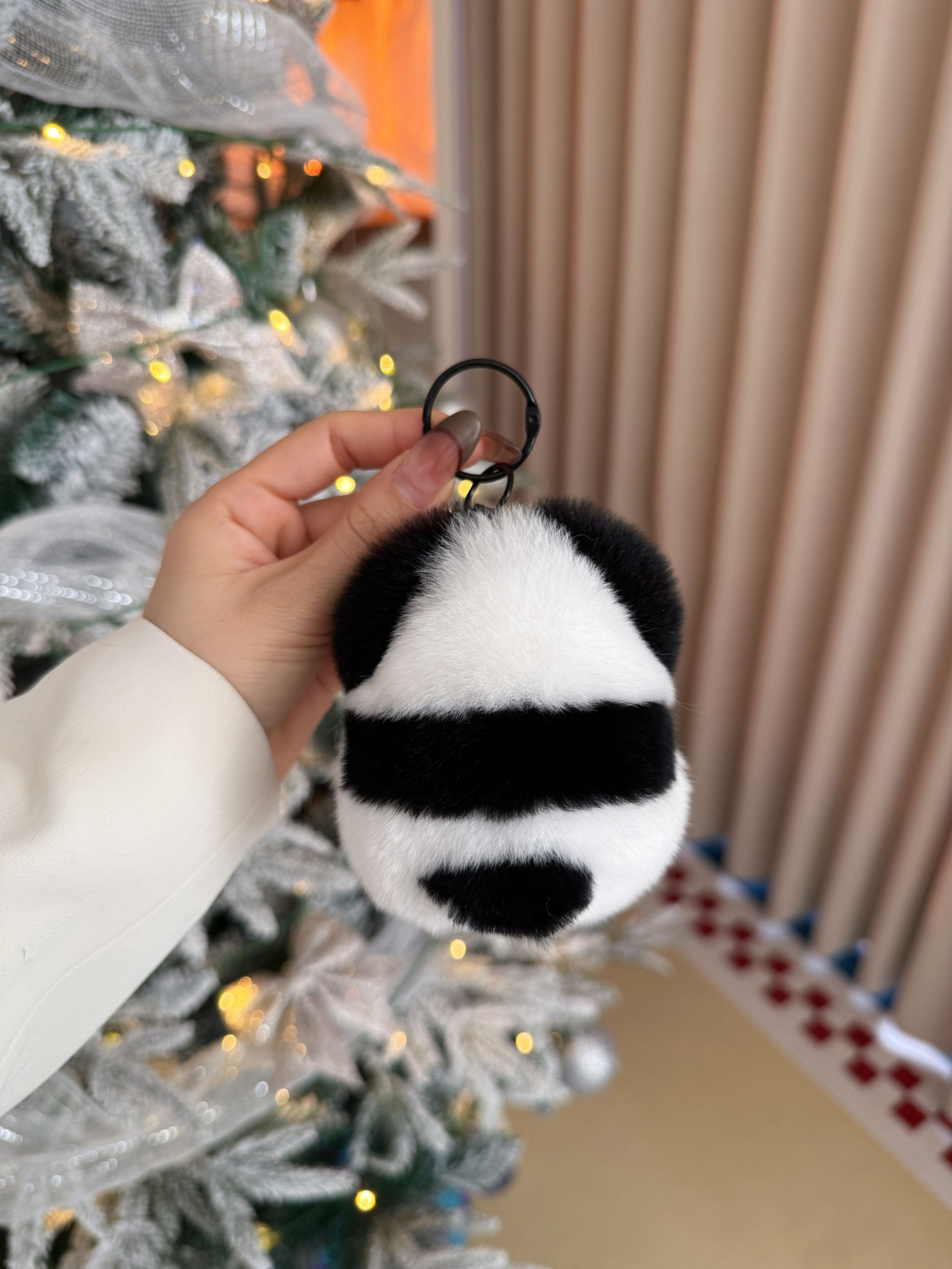 黑白小熊猫毛绒挂件真毛獭兔毛手工diy包包挂件车钥匙扣配饰