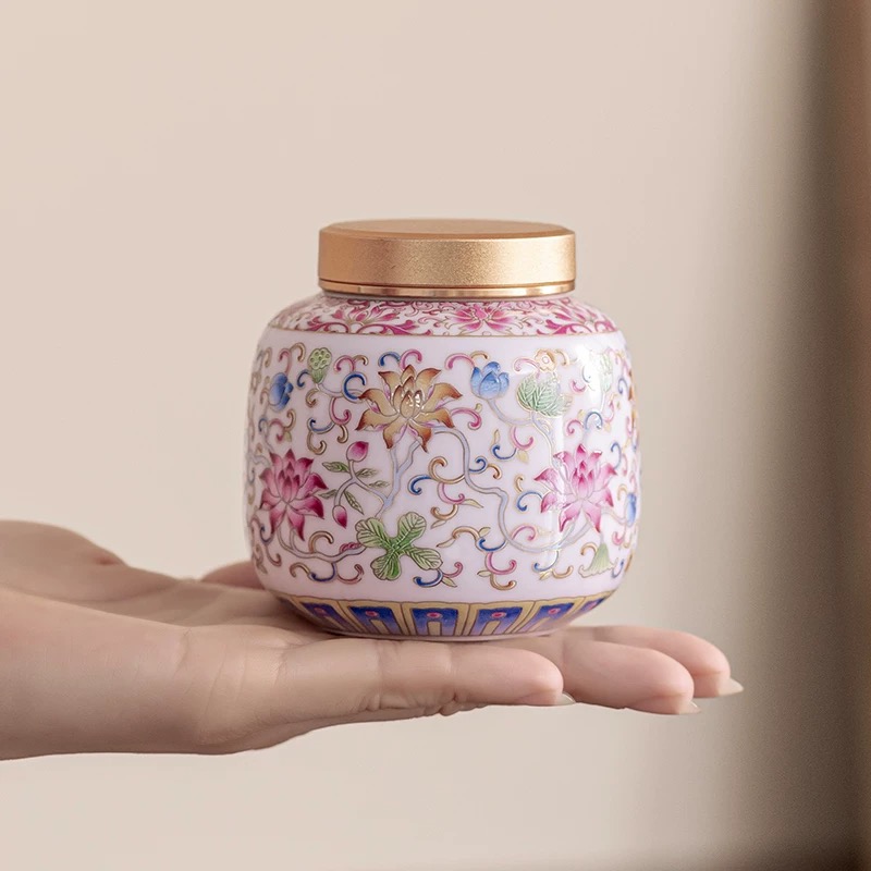 珐琅彩缠枝莲（粉）迷你茶叶罐G102