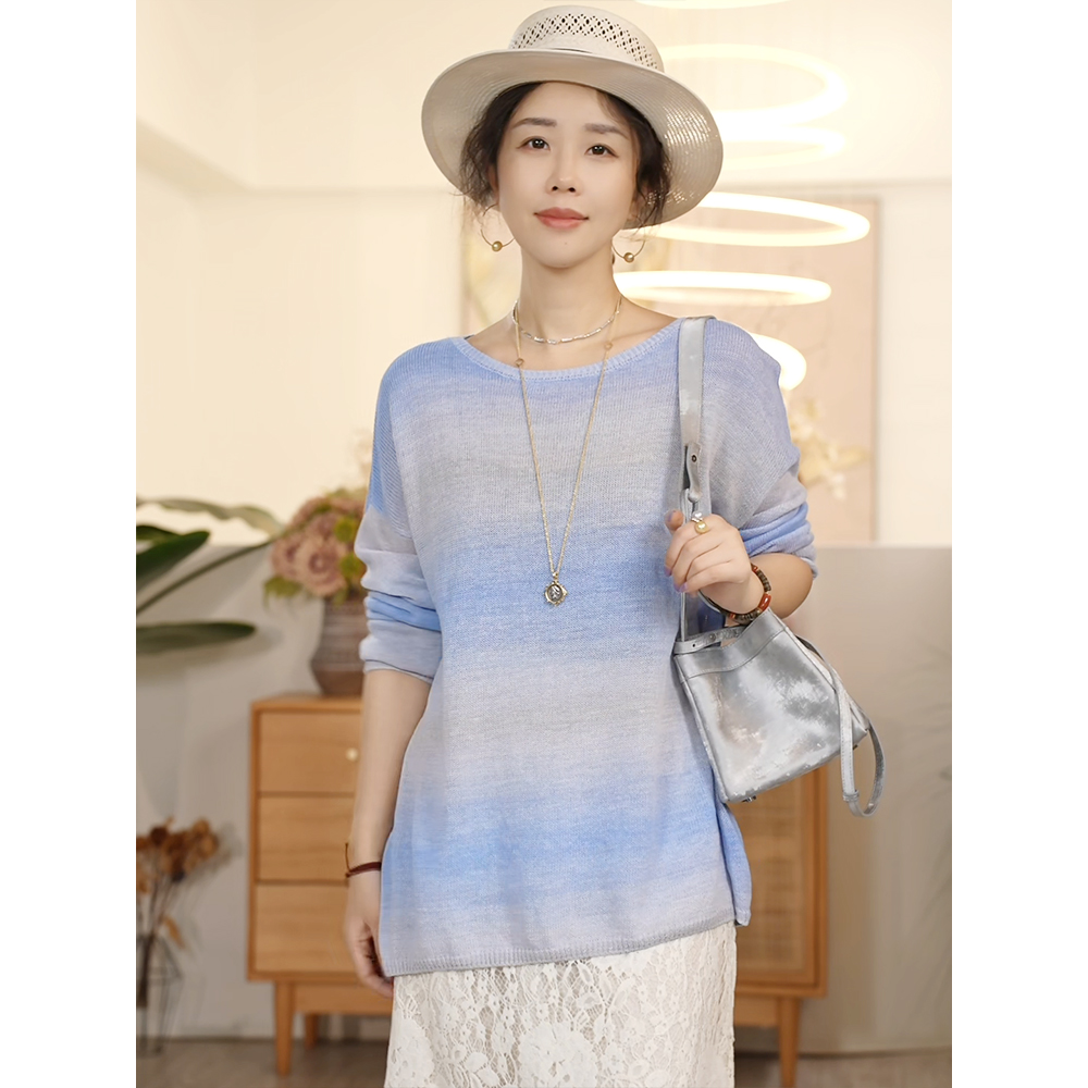 X【叭哒不惑】彩虹条 和纸渐变条纹针织衫女宽松圆领长袖上衣春夏