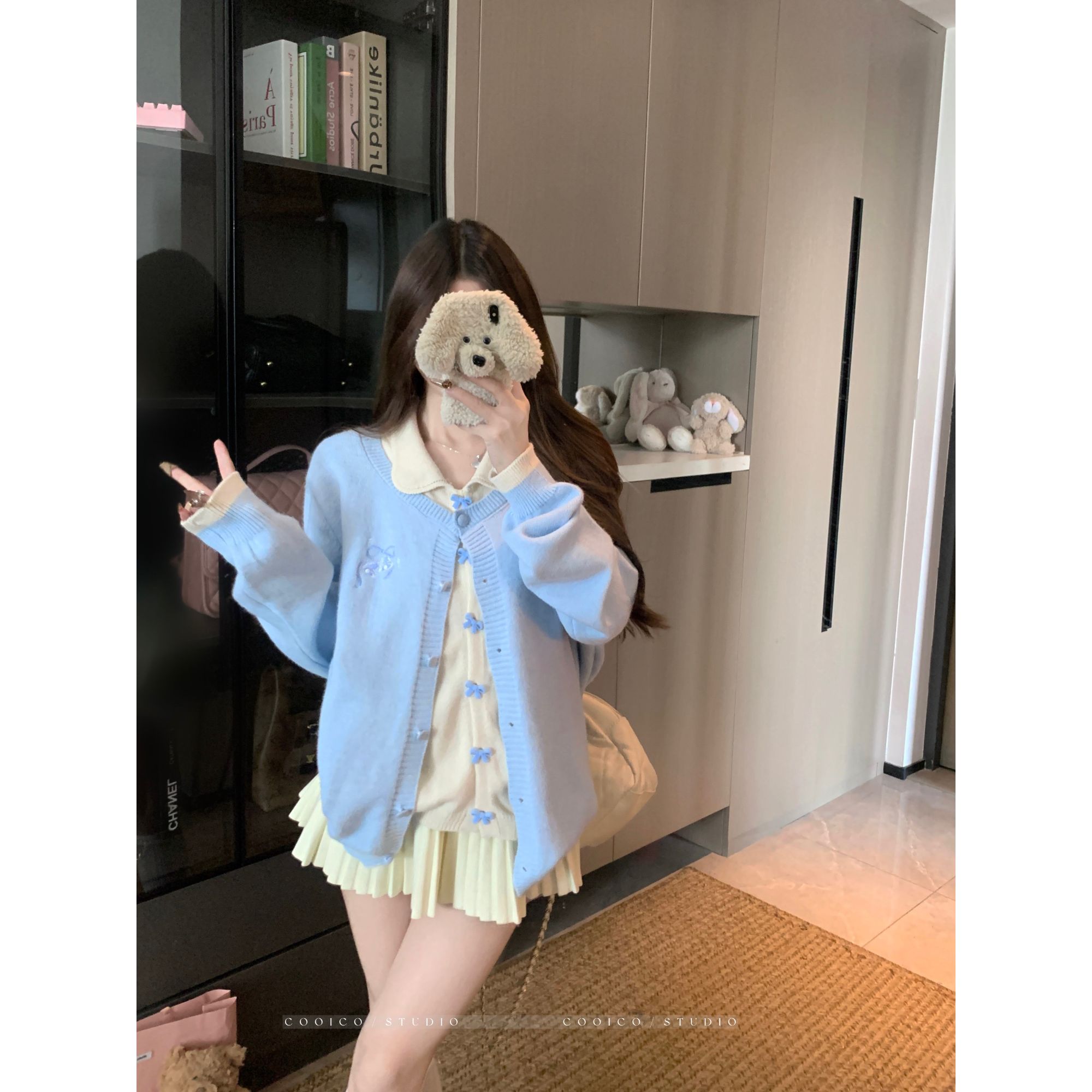 【1127】女装胖mm秋冬季新款设计感假两件刺绣毛衣翻领宽松显瘦上衣