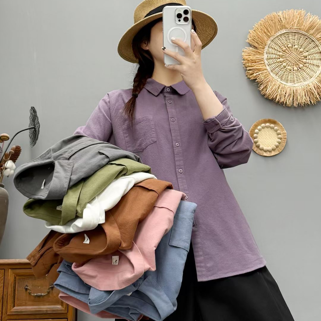 2025早秋上新磨毛长袖衬衫女宽松显瘦百搭翻领纯色休闲时尚衬衣