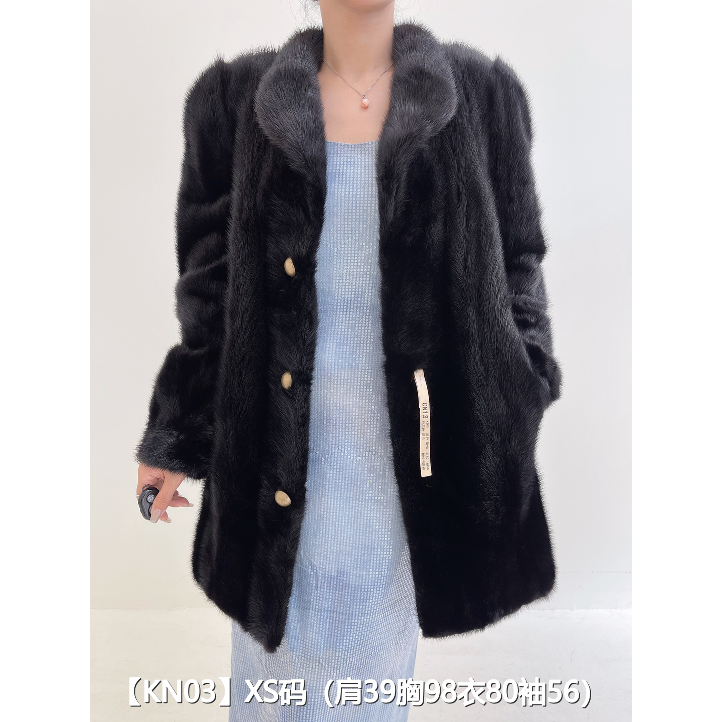【KN03】XS 纯黑色中长款逆毛貂皮水貂大衣女 翻领泡泡袖 37003