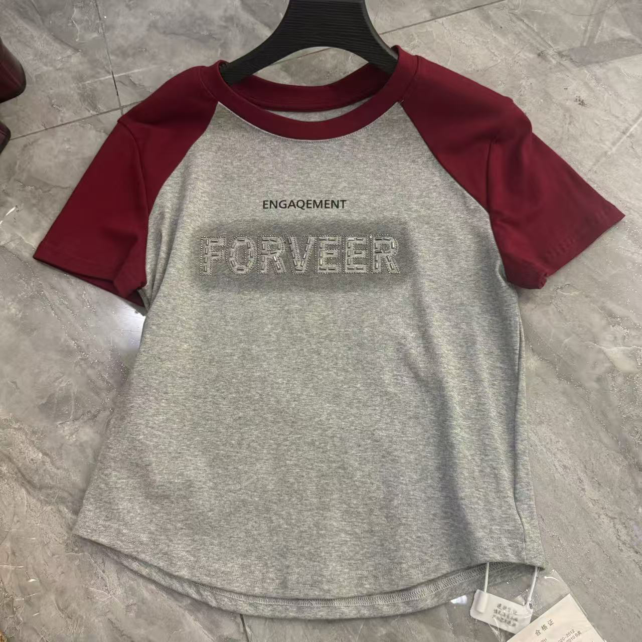 短袖拼色烫钻镶钻常规款印花T恤撞色圆领半袖