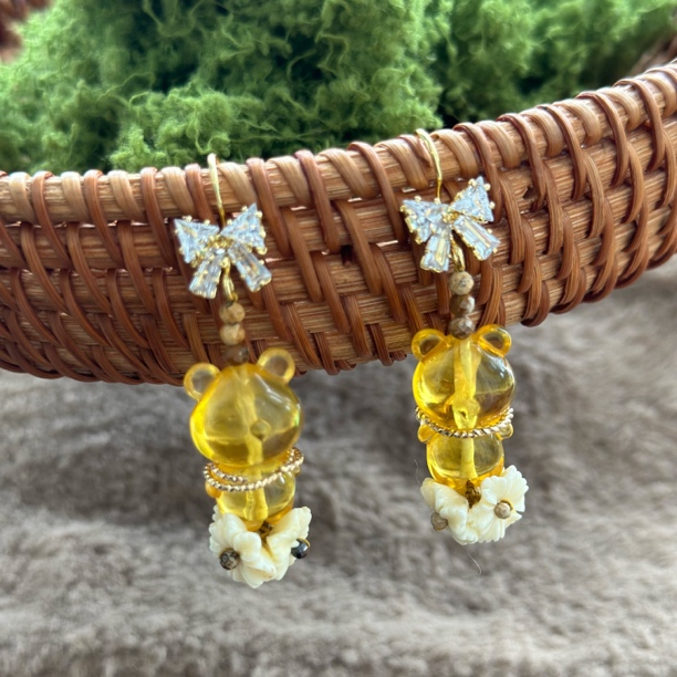 蜜蜡小熊花花小清新精品耳坠