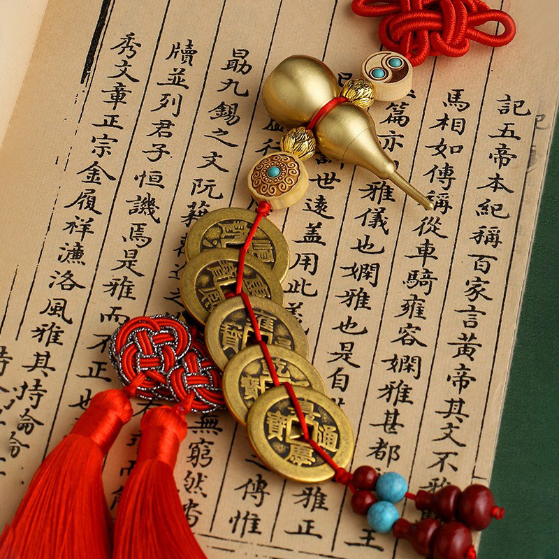 中式铜葫芦挂件黄铜葫芦开口吉祥结加厚铜钱门口手工编织