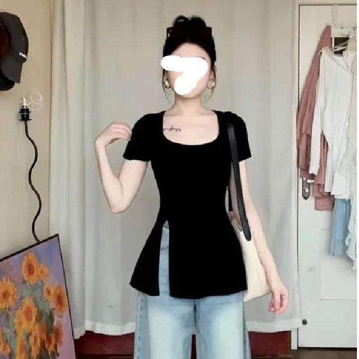 棉大码法式纯欲风开叉方领短袖t恤女装夏季新款显瘦设计感上衣ins