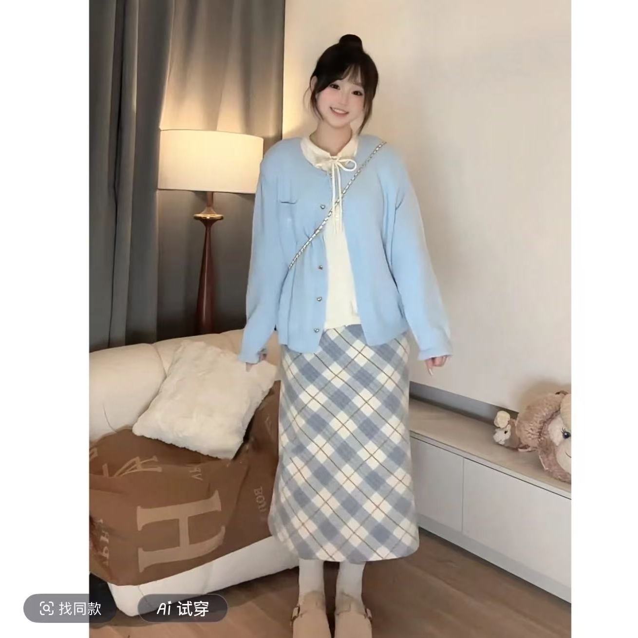 胖大花韩系气质毛衣减龄刺绣口袋开衫上衣+半身裙5158