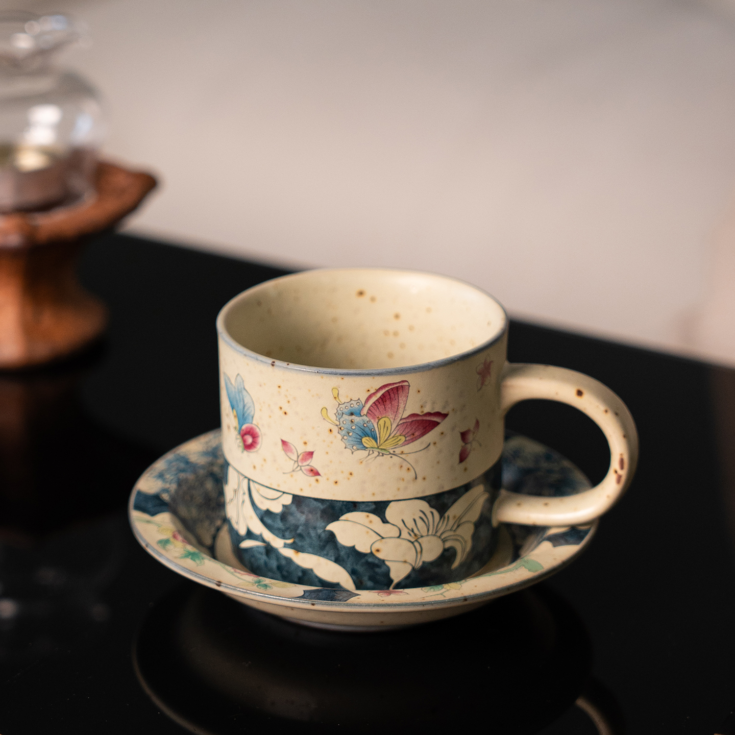 火石手绘蝶恋花陶瓷咖啡杯碟套装家用下午茶杯碟套装中式茶具