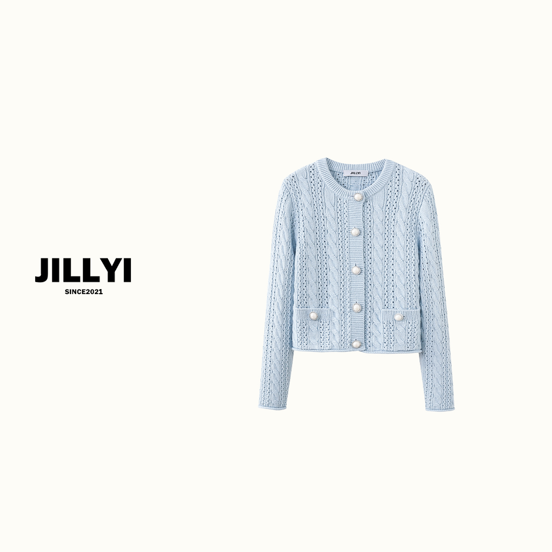 jillyi【南港春季】天空蓝圆领珍珠单排扣秋季纯色简约针织开衫