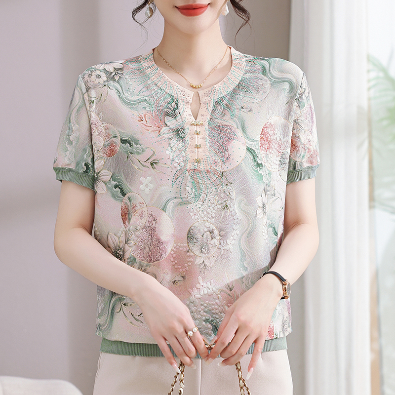 妈妈夏装短袖小衫洋气冰丝T恤中年女装花好月圆洋气百搭凉爽上衣