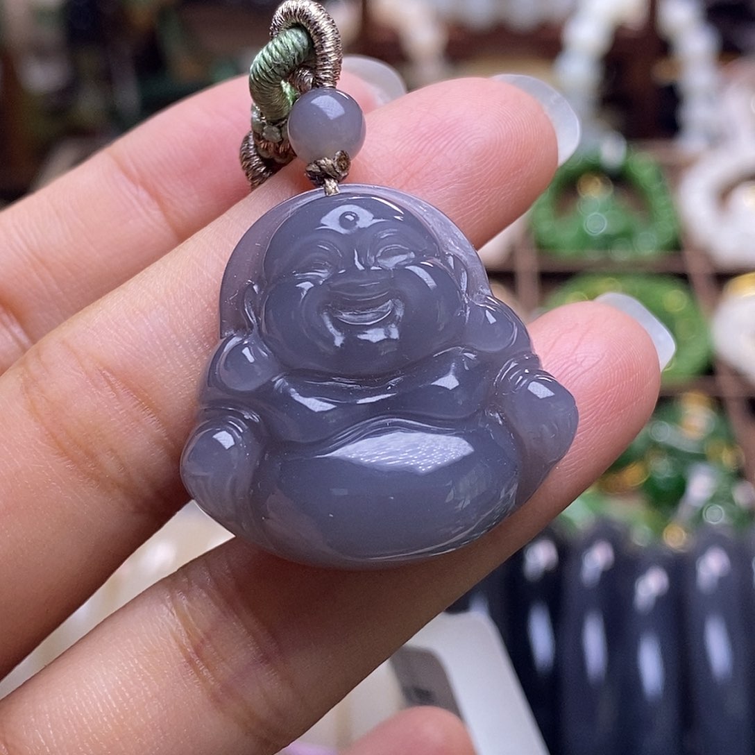 颈饰未镶嵌和田玉毕业级老坑料高冰烟紫佛公吊坠