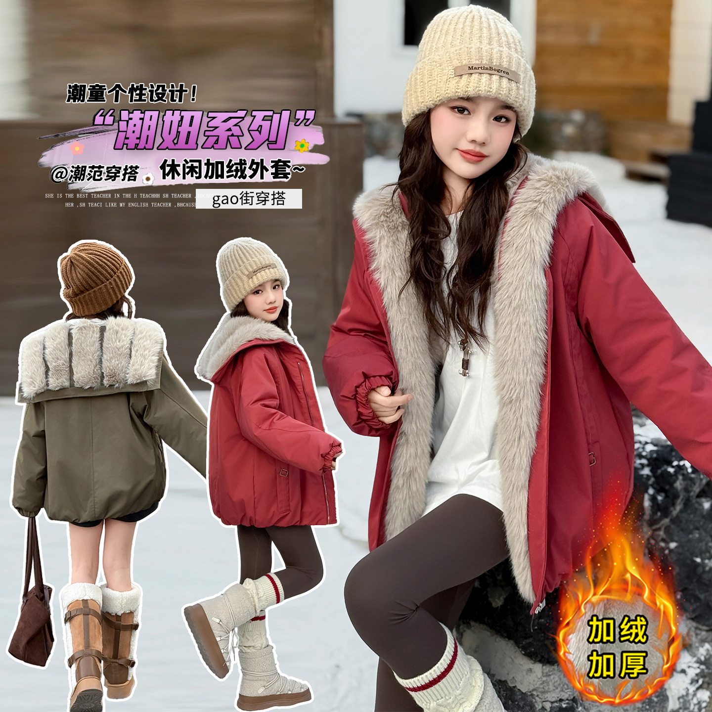 女童加绒加厚派克服2025新款儿童时髦女孩大毛领保暖时尚外套