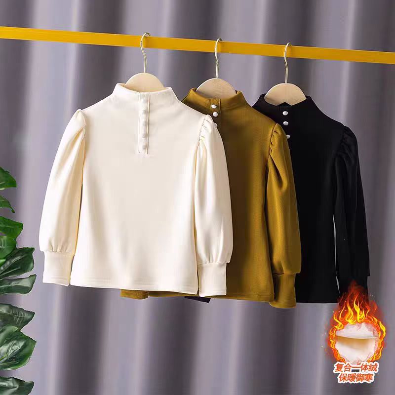 女童秋冬款加绒加厚打底衫半高领洋气时髦长袖上衣中小童保暖衣