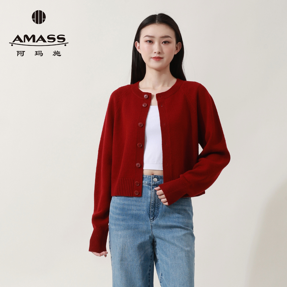 AMASS阿玛施25年早春新款保暖气质简约百搭圆领针织衫开衫548033