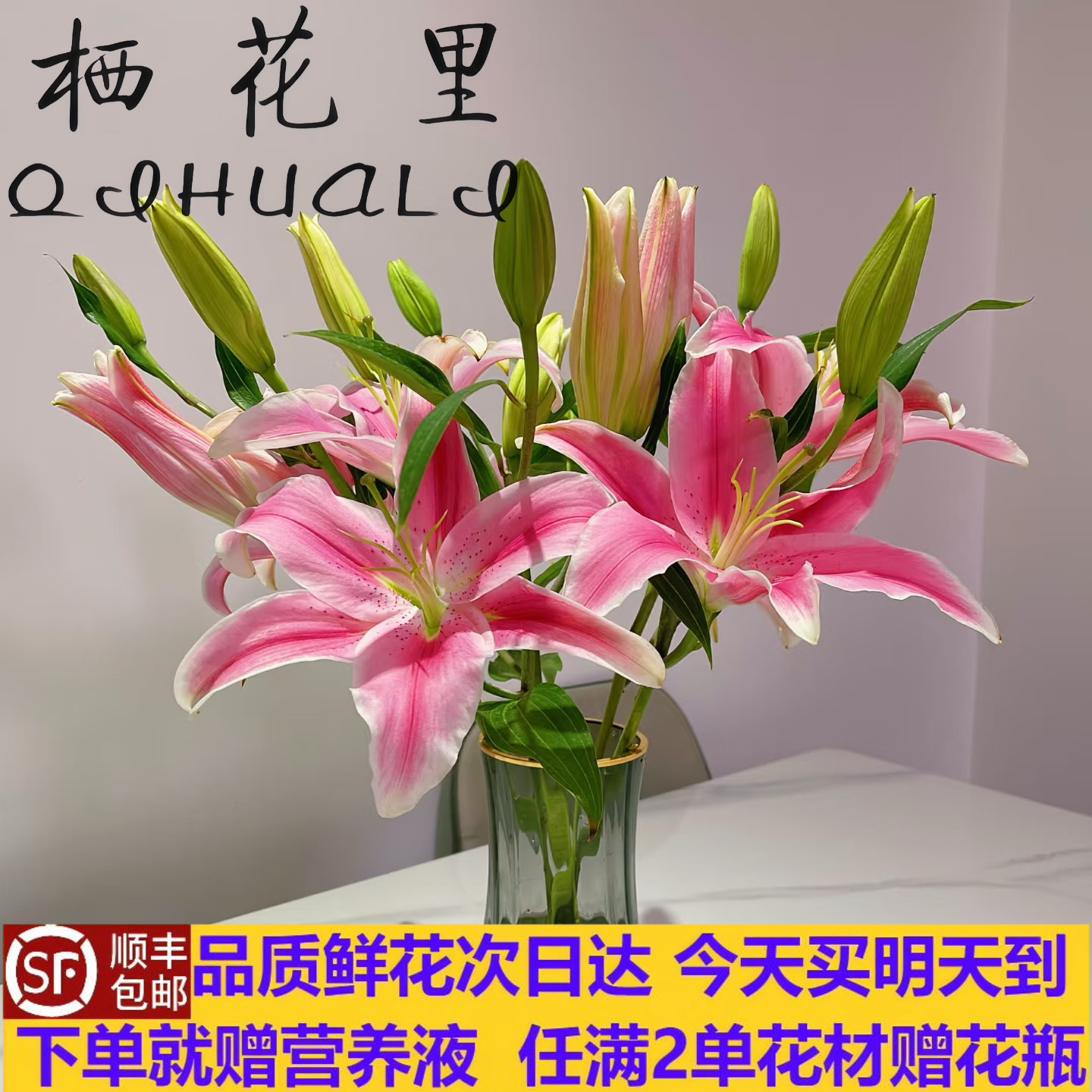 【粉色香水百合6朵】新鲜直达云南鲜花顺丰次日达鲜花花束今天买 明天顺丰包邮送花上门任意两单花材赠送花瓶