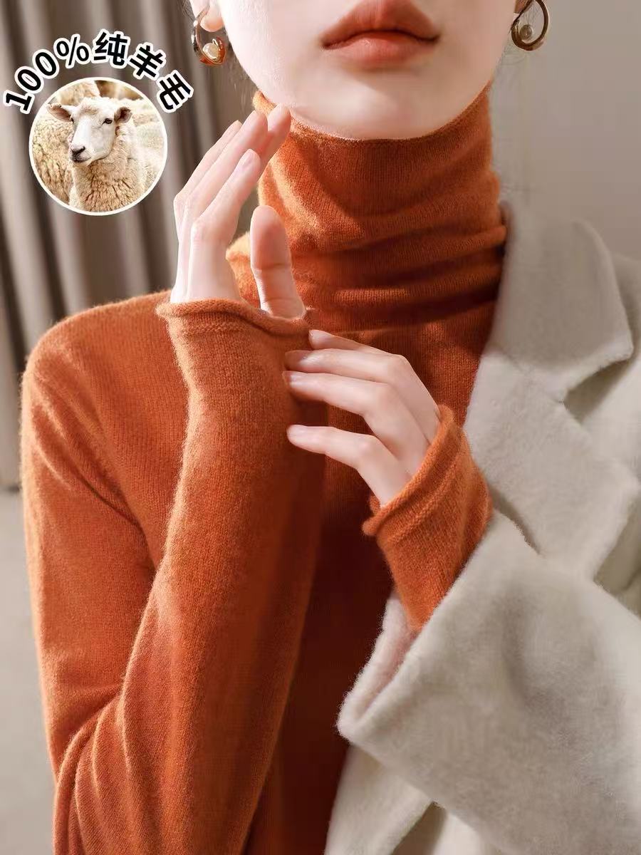 100%纯羊毛纯色适中宽松型针织堆堆领衫百搭高领毛内搭