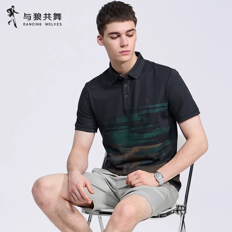 【渐变印花】与狼共舞含桑蚕丝POLO衫男士2025夏季翻领新款短袖T恤