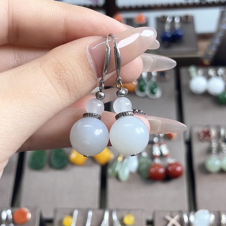 和田玉银S925镶嵌耳饰12.5左右