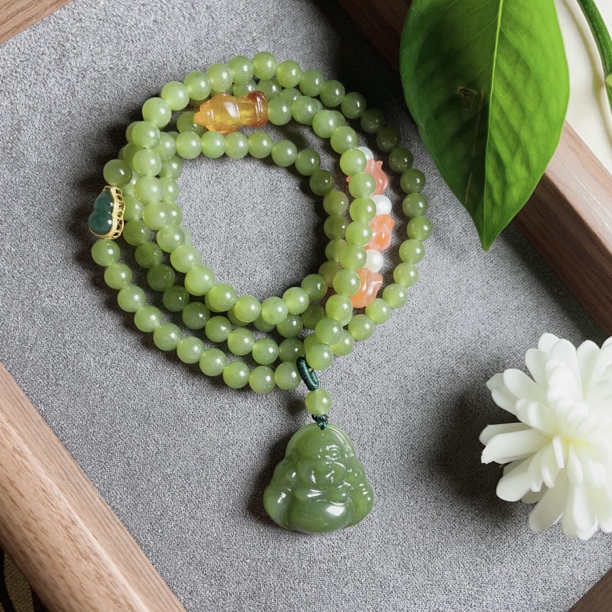 0302和田玉黄口料多圈佛公毛衣链