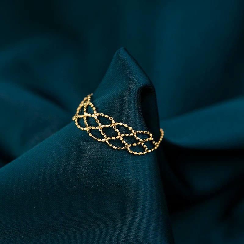 18k金可抽拉软蕾丝戒指AU750捕梦网彩金指环黄金色送礼