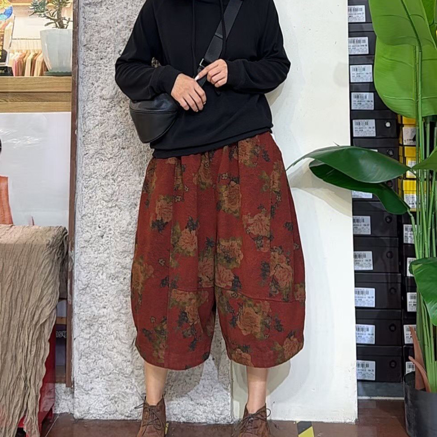 【三竹伊彩-哈伦裤】复古文艺印花宽松百搭棉麻哈伦裤松紧腰老爹裤