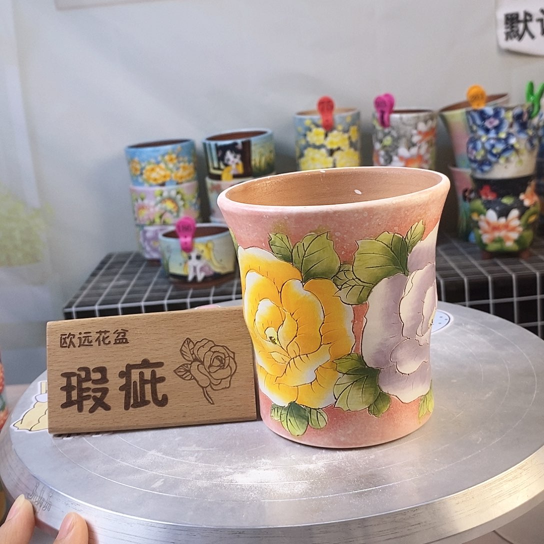 紫砂花盆红陶手绘花盆