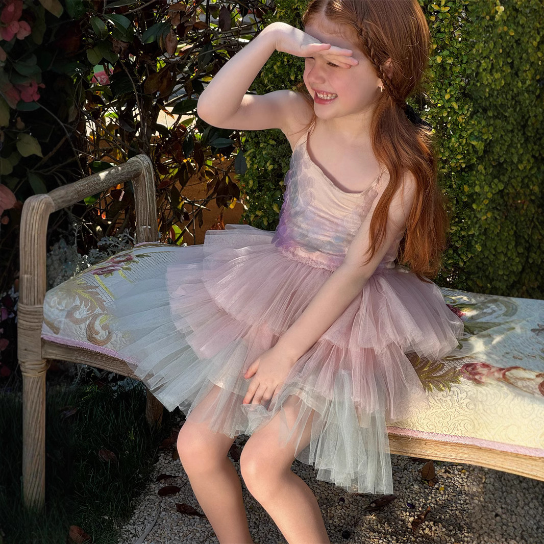 橙乐25夏季女童美人鱼公主裙 女童网纱生日纱裙 手工珠片吊带裙