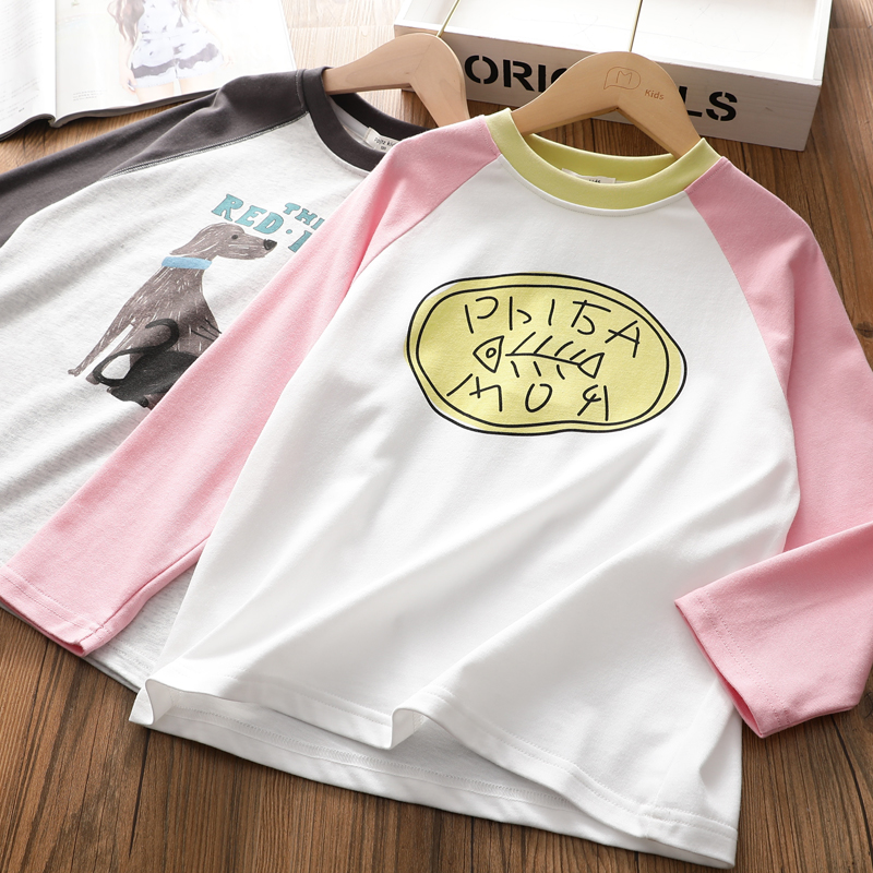 女童春秋装长袖插肩袖T恤儿童百搭撞色韩版卡通印花打底衫上衣新