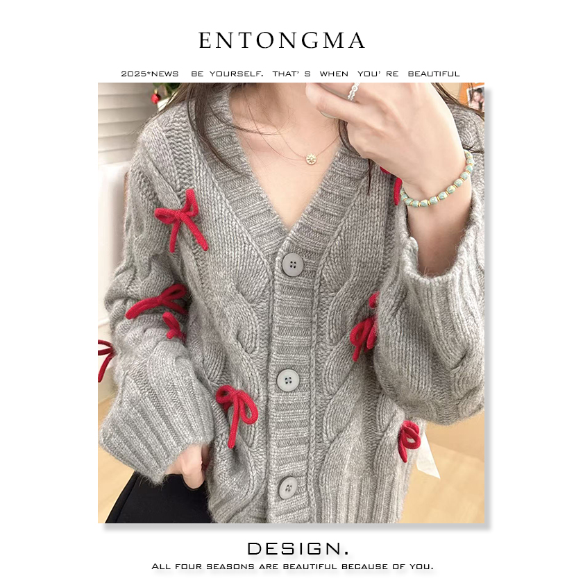 ENMA设计款蝴蝶结长袖宽松型开衫慵懒风外穿上衣全羊毛