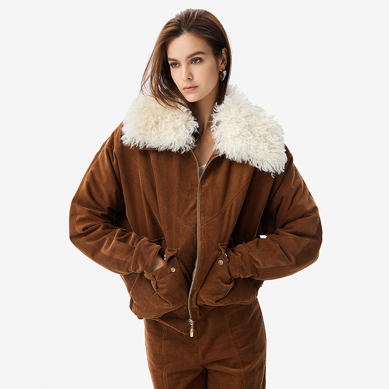 IRO Night 25冬季新款法式复古卡其棕灯芯绒可拆卸毛领羽绒服
